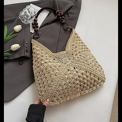 Women's Woven Straw Hobo Bag with Wooden Handle Bead Accents and Spacious Interior