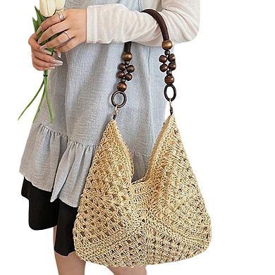 Women's Woven Straw Hobo Bag with Wooden Handle Bead Accents and Spacious Interior