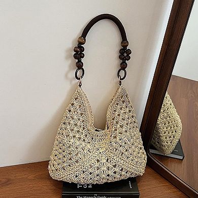Women's Woven Straw Hobo Bag with Wooden Handle Bead Accents and Spacious Interior