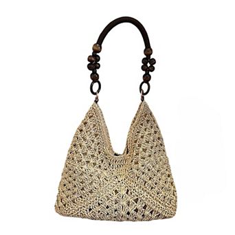 Women's Woven Straw Hobo Bag with Wooden Handle Bead Accents and Spacious Interior