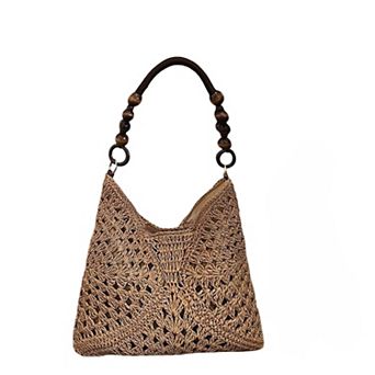Women's Woven Straw Hobo Bag with Wooden Handle Bead Accents and Spacious Interior