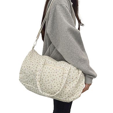 Women's Quilted Cotton Duffel Bag with Floral Print and Double Handle Design