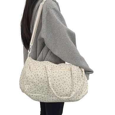 Women's Quilted Cotton Duffel Bag with Floral Print and Double Handle Design