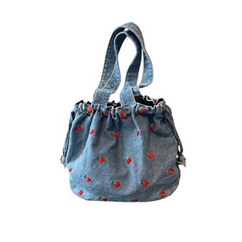Women's Embroidered Cherry Denim Drawstring Bag with Fixed Shoulder Strap