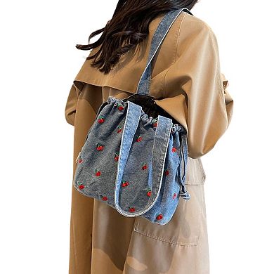 Women's Embroidered Cherry Denim Drawstring Bag with Fixed Shoulder Strap
