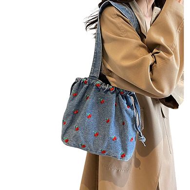 Women's Embroidered Cherry Denim Drawstring Bag with Fixed Shoulder Strap