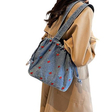 Women's Embroidered Cherry Denim Drawstring Bag with Fixed Shoulder Strap