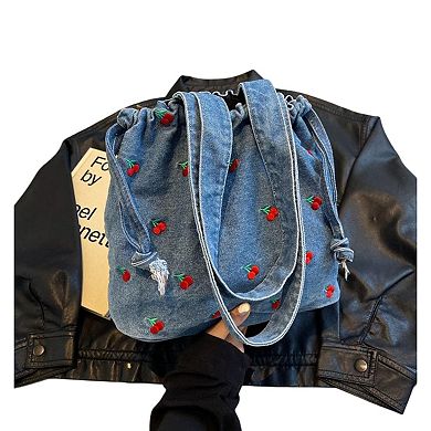 Women's Embroidered Cherry Denim Drawstring Bag with Fixed Shoulder Strap