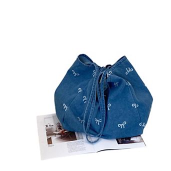 Women's Denim Tote Bag with Printed Bow Design and Large Spacious Interior