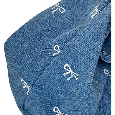 Women's Denim Tote Bag with Printed Bow Design and Large Spacious Interior