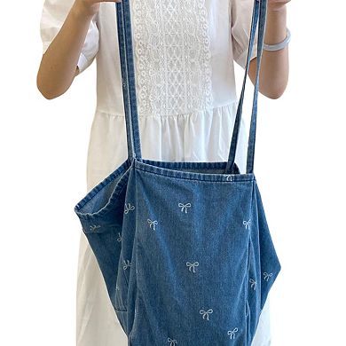 Women's Denim Tote Bag with Printed Bow Design and Large Spacious Interior
