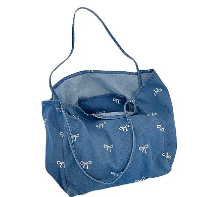 Women's Denim Tote Bag with Printed Bow Design and Large Spacious Interior