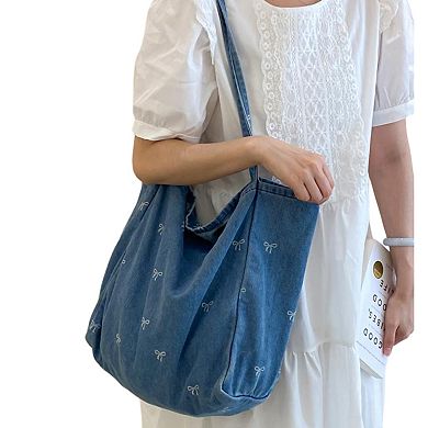 Women's Denim Tote Bag with Printed Bow Design and Large Spacious Interior