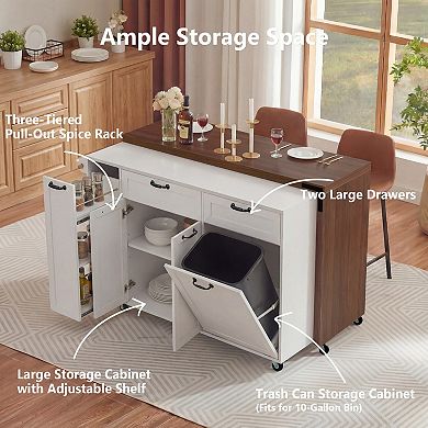 Merax 102.3" Kitchen Island with Extendable Dining Table, Rolling Cart with Trash Cabinet