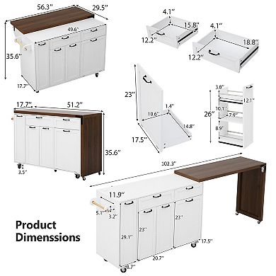 Merax 102.3" Kitchen Island with Extendable Dining Table, Rolling Cart with Trash Cabinet