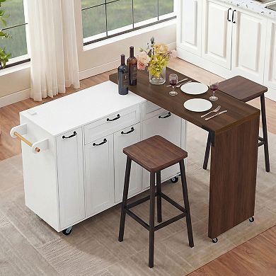 Merax 102.3" Kitchen Island with Extendable Dining Table, Rolling Cart with Trash Cabinet