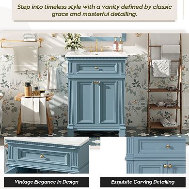 Merax 24" Vintage Bathroom Vanity with Ceramic Sink, Soft Closing Doors and Adjustable Shelf