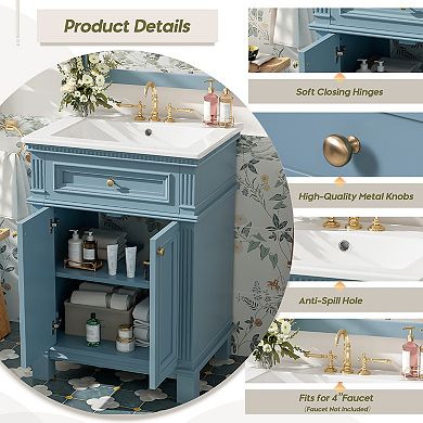 Merax 24" Vintage Bathroom Vanity with Ceramic Sink, Soft Closing Doors and Adjustable Shelf