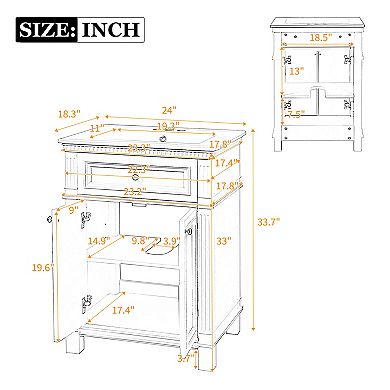 Merax 24" Vintage Bathroom Vanity with Ceramic Sink, Soft Closing Doors and Adjustable Shelf