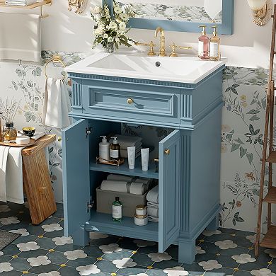 Merax 24" Vintage Bathroom Vanity with Ceramic Sink, Soft Closing Doors and Adjustable Shelf