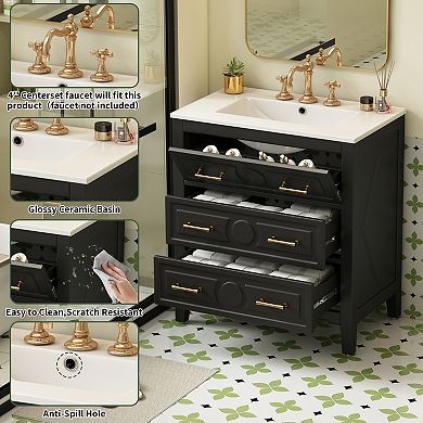 Merax 30" Bathroom Vanity with Ceramic Sink, Solid Wood Frame, Freestanding Storage Cabinet