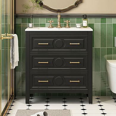 Merax 30" Bathroom Vanity with Ceramic Sink, Solid Wood Frame, Freestanding Storage Cabinet