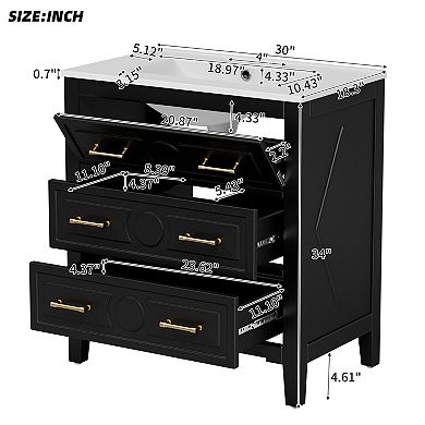 Merax 30" Bathroom Vanity with Ceramic Sink, Solid Wood Frame, Freestanding Storage Cabinet
