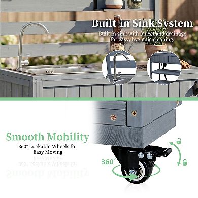 Merax 41.7" Patio Rolling Kitchen Island with Sink - Solid Wood Garden Potting Bench