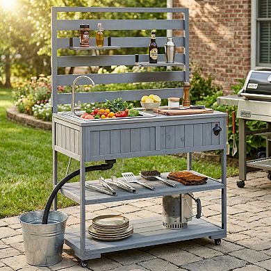 Merax 41.7" Patio Rolling Kitchen Island with Sink - Solid Wood Garden Potting Bench