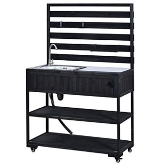 Merax 41.7" Patio Rolling Kitchen Island with Sink - Solid Wood Garden Potting Bench