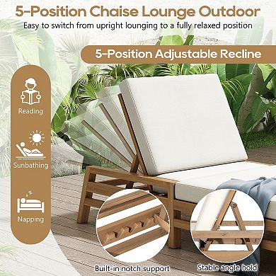 Merax 5-Position Adjustable Outdoor Chaise Lounge, Solid Wood Patio Recliner with Thick Cushions