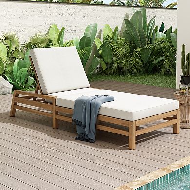 Merax 5-Position Adjustable Outdoor Chaise Lounge, Solid Wood Patio Recliner with Thick Cushions