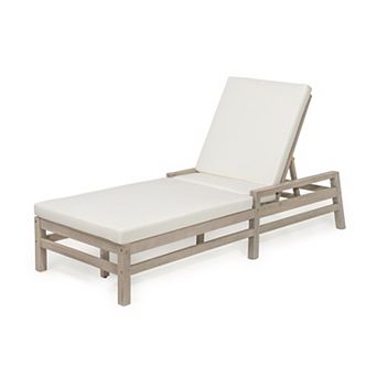 Merax 5-Position Adjustable Outdoor Chaise Lounge, Solid Wood Patio Recliner with Thick Cushions