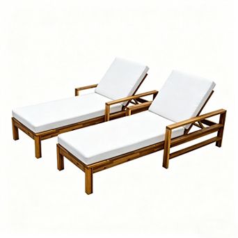 Merax 2 pc Outdoor Acacia Wood Adjustable Chaise Lounge Chairs for Patio, Garden, Poolside