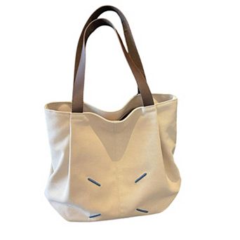 Women's Canvas Tote Bag with Contrast Handles and Decorative Stitch Detail