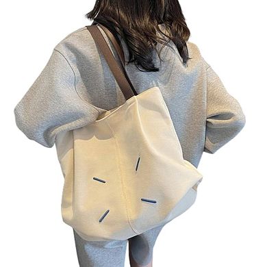 Women's Canvas Tote Bag with Contrast Handles and Decorative Stitch Detail