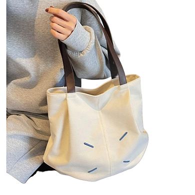 Women's Canvas Tote Bag with Contrast Handles and Decorative Stitch Detail
