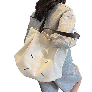 Women's Canvas Tote Bag with Contrast Handles and Decorative Stitch Detail