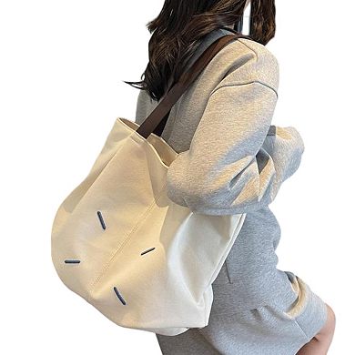 Women's Canvas Tote Bag with Contrast Handles and Decorative Stitch Detail