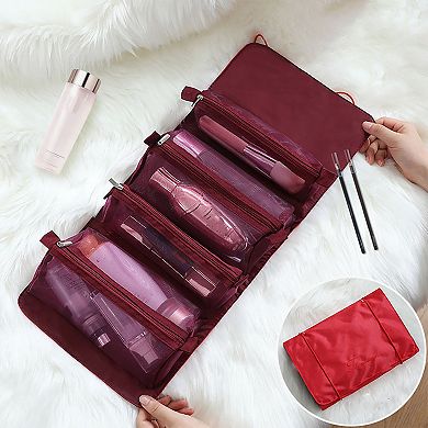 Hanging Travel Toiletry Bag with Clear Zipper Compartments and Roll-Up Organizer Design