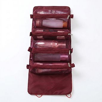 Hanging Travel Toiletry Bag with Clear Zipper Compartments and Roll-Up Organizer Design