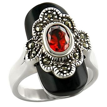 Alamode 925 Sterling Silver Cubic Zirconia Emblem Oval Ring