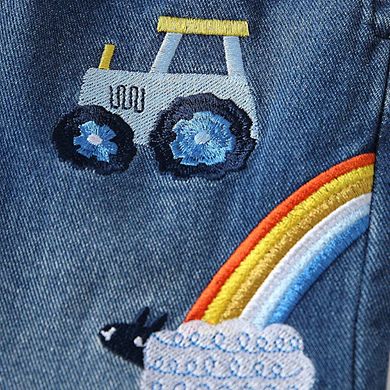 Arrival Autumn Baby Kids Girls Cartoon Embroidered Pattern Denim Pants