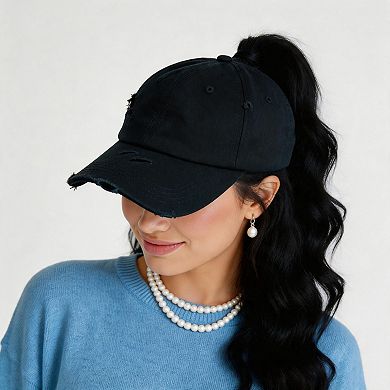Womens Distressed Retro Washed Ponytail Baseball Hat