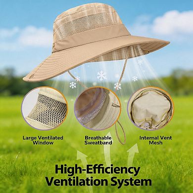 Womens UPF50+ Ponytail Hole Wide Brim Bucket Sun Hat