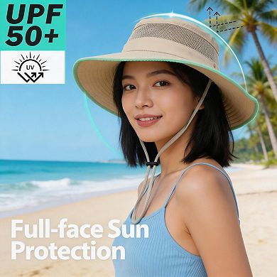 Womens UPF50+ Ponytail Hole Wide Brim Bucket Sun Hat