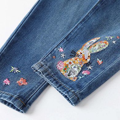 Arrival Autumn Girls Colorful Flowers Pattern Denim Pants
