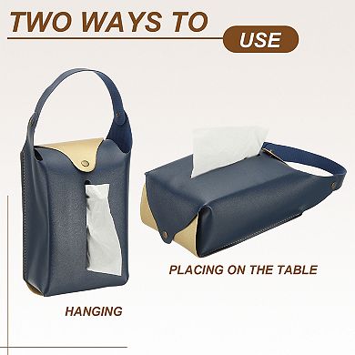 Faux Leather Tissue Box Cover, Rectangular PU Tissue Holder Bag with Button and Detachable Handle