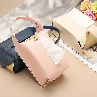 Faux Leather Tissue Box Cover, Rectangular PU Tissue Holder Bag with Button and Detachable Handle