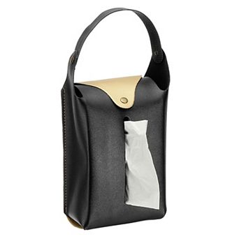Faux Leather Tissue Box Cover, Rectangular PU Tissue Holder Bag with Button and Detachable Handle